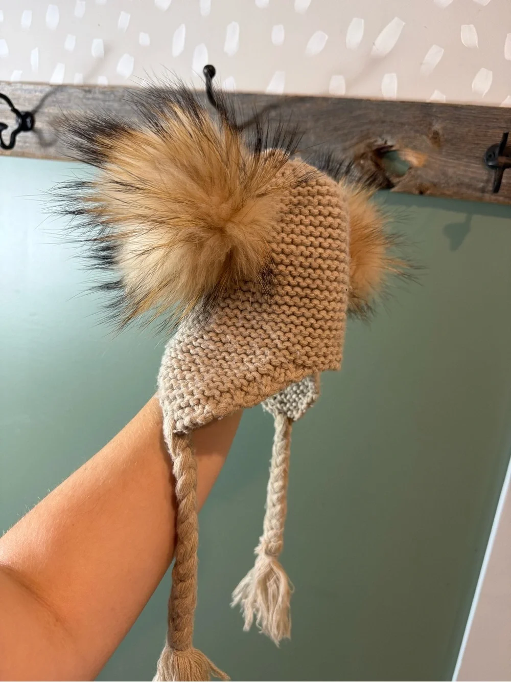 Kids Knit Pom Pom Earflap Hat - Taupe